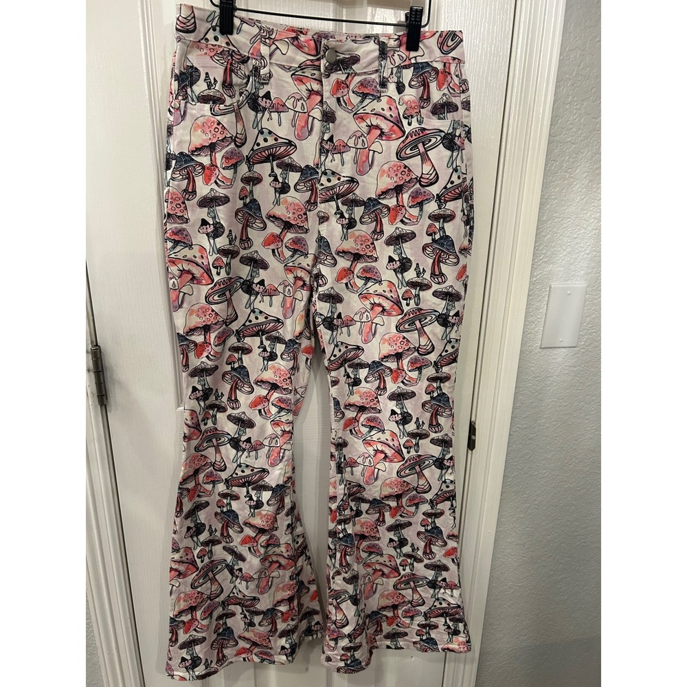 Machine Flare Pants‎ Pink Mushroom Print High Waisted Bell Bottoms Boho Festival